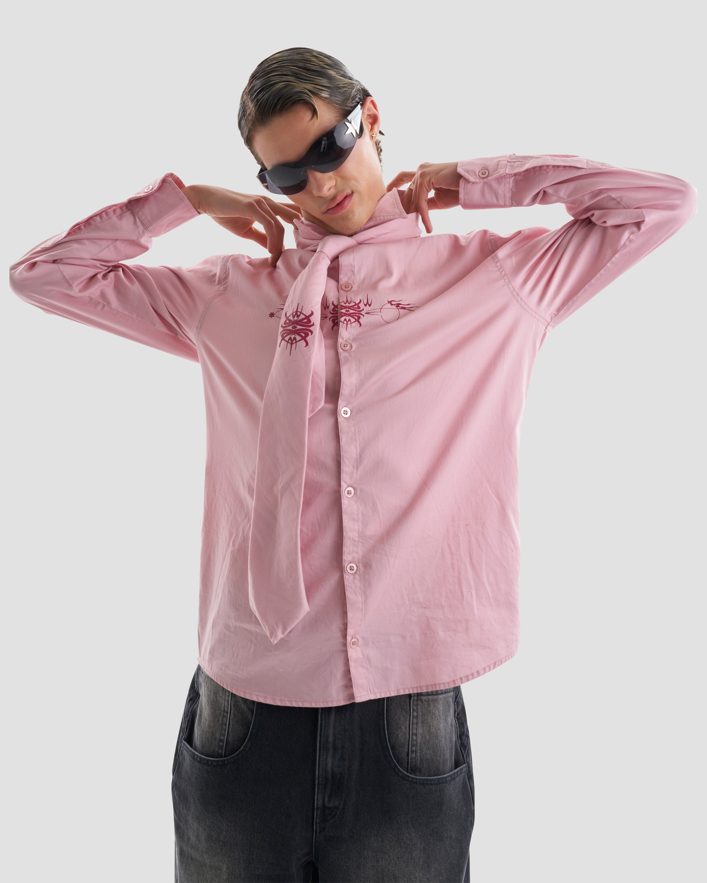 Kash Set Oversized Shirt and Tie with Tattoo Print in Pink